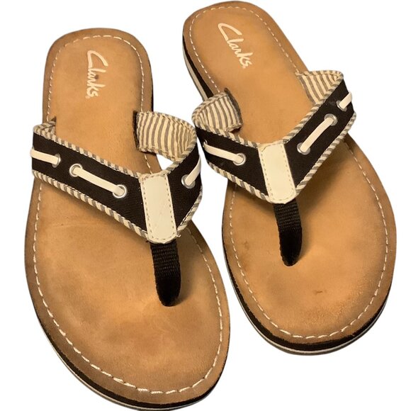 Clarks Breeze Sea Flip Flop Sandals Women Sz 7 Nautical Striped Textile Upper - Picture 2 of 4